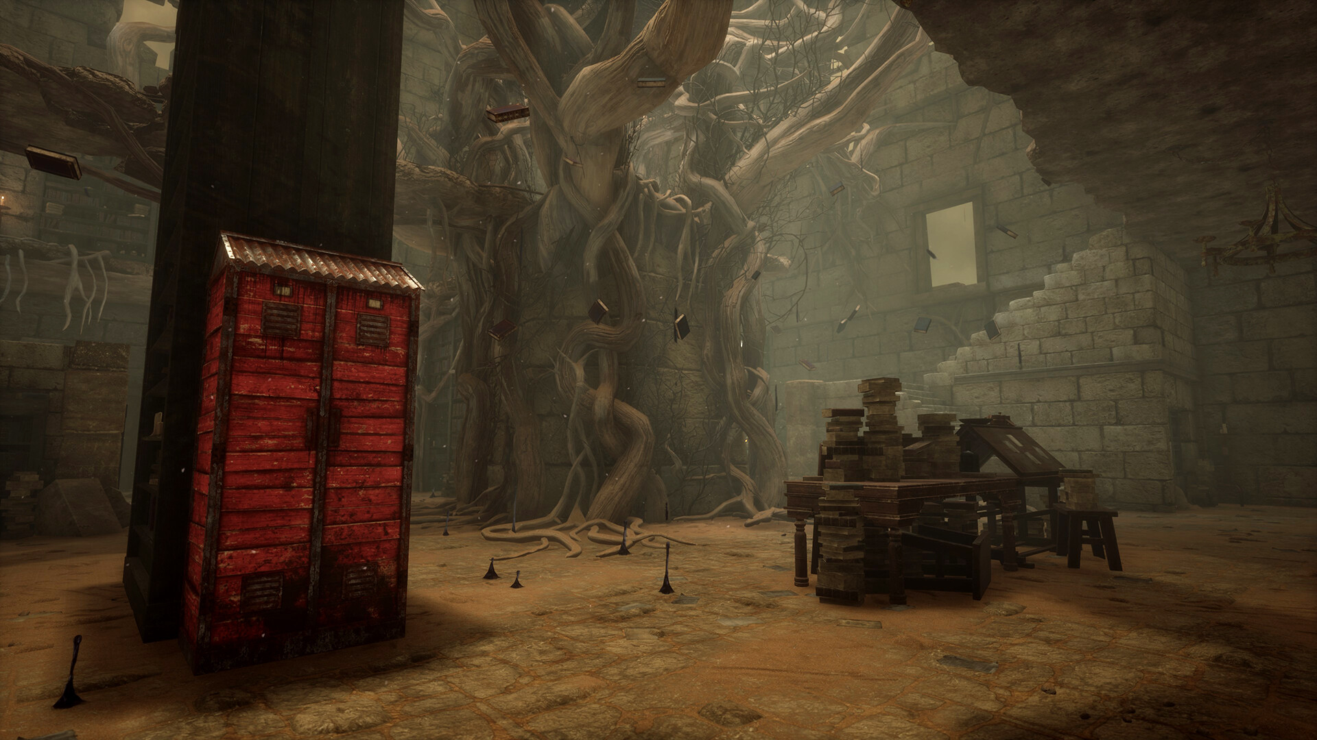 A red locker and tree roots in Dead by Daylight